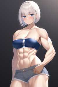 girl, Platinum Pixie Cut with Short Bangs hair, blue eyes, toned muscle, medium size breast, bandeau bra, hot pants s-1316320300.png
